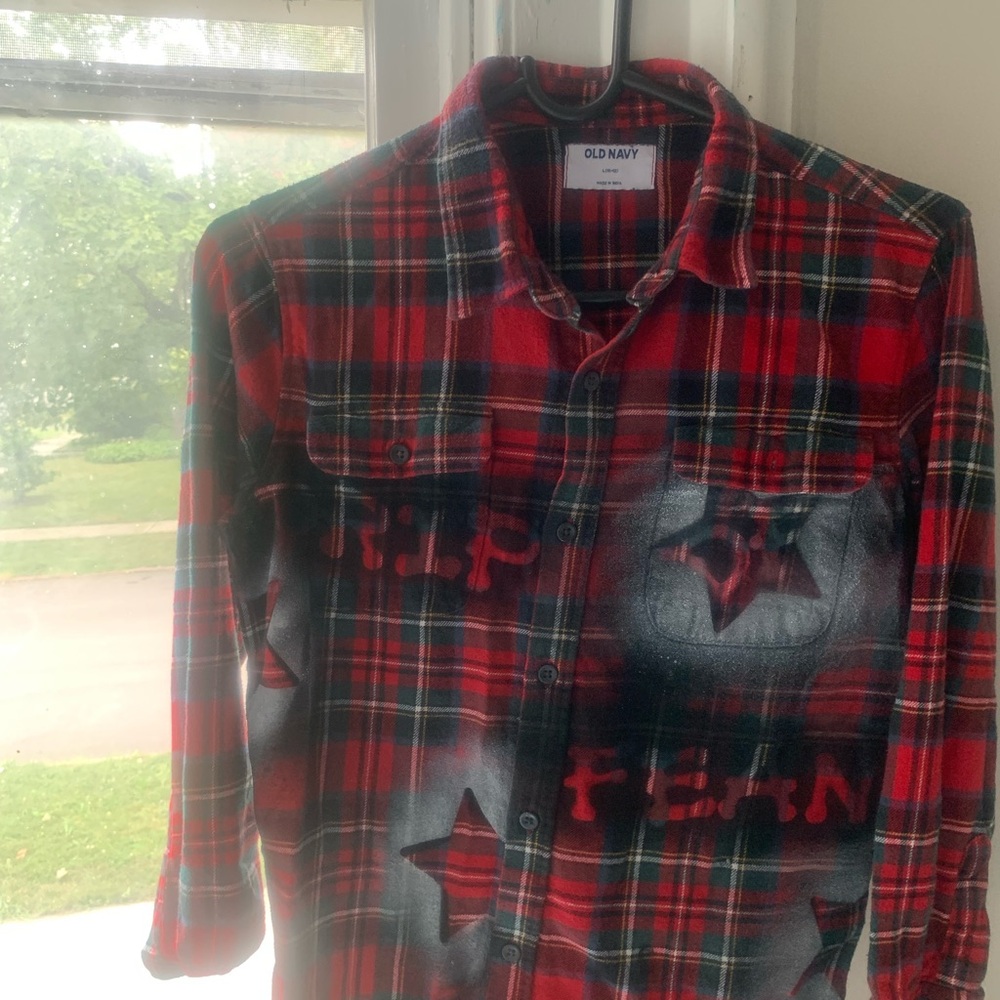 Custom Drip Fean Old Navy Red and Green Plaid Shirt with Graphic Design
